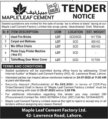 Maple Leaf Cement Lahore Tender Notice